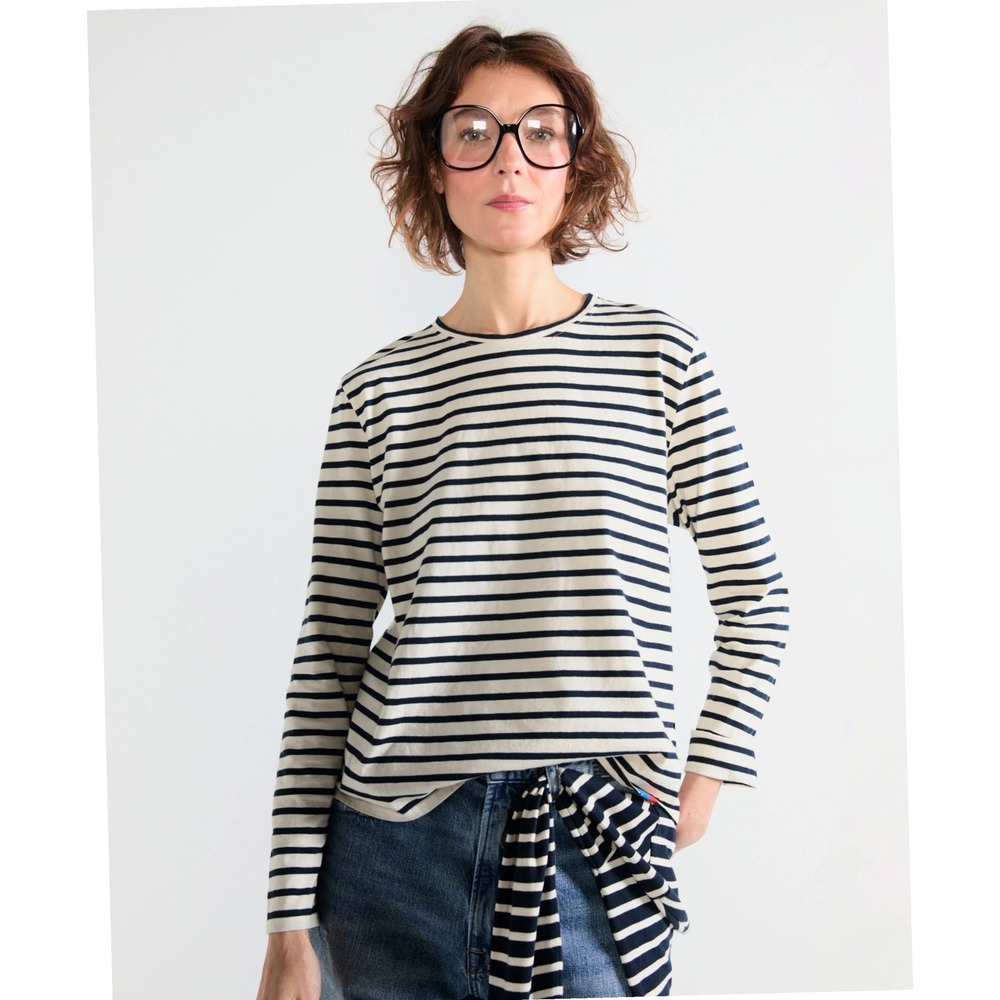 KULE Womens Modern Long Striped Cotton T-Shirt Navy Cream Preppy Academia France